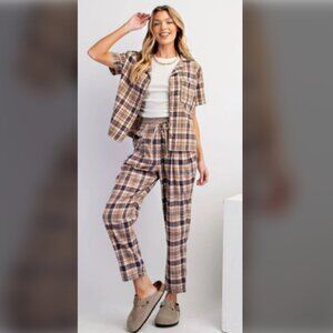 Easel Cozy Flannel Lounge Set | Plaid Pajama Set | Brown & Cream | Size L